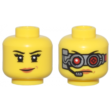 yellow minifigure head dual sided female black eyebrows eyelashes lopsided grin with dark orange lips silver mechanical goggles with red lenses and headset pattern