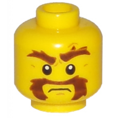 yellow minifigure head beard brown bushy moustache eyebrows with one eyebrow raised white pupils pattern