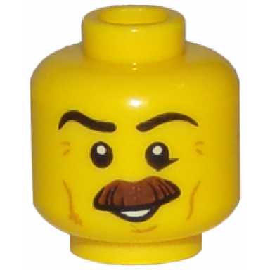yellow minifigure head moustache brown bushy black eyebrows cheek lines smile white pupils pattern