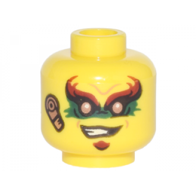 yellow minifigure head red eyebrows green eye paint crooked smile copper earpiece pattern