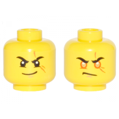 yellow minifigure head dual sided black eyebrows scar across left eye smirk orange rimmed eyes gold pupils scowl pattern