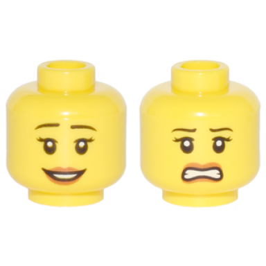yellow minifigure head dual sided female thin black eyebrows dark orange lips slight smile scared pattern