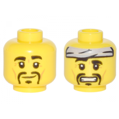 yellow minifigure head dual sided thick black eyebrows goatee cheek lines crooked smile gray headband scared pattern