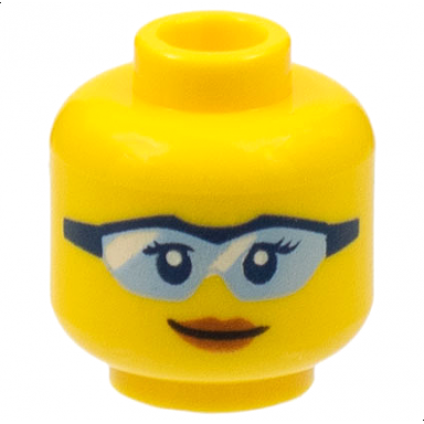yellow minifigure head female glasses with bright light blue lenses and dark blue frame dark orange lips closed mouth smile pattern