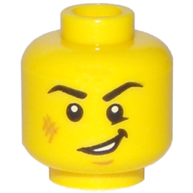 yellow minifigure head black eyebrows right angled medium nougat scuff mark and chin dimple lopsided open mouth smile with teeth pattern