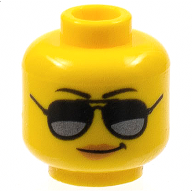 yellow minifigure head female black eyebrows sunglasses with dark silver reflections medium nougat lips smirk pattern