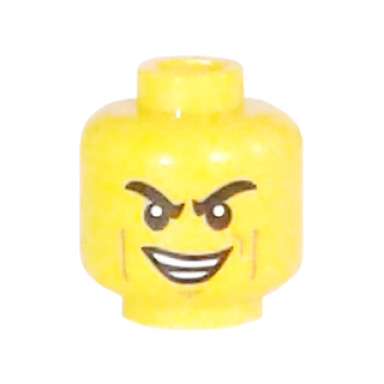 yellow minifigure head black eyebrows furrowed cheek and smirk lines lopsided smirk with teeth pattern