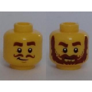 yellow minifigure head dual sided brown thick eyebrows curly moustache smirk thick moustache bushy beard pattern
