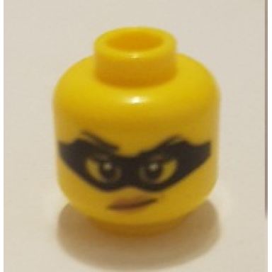 yellow minifigure head female black eye mask black eyebrows with one eyebrow raised red lips with smirk pattern