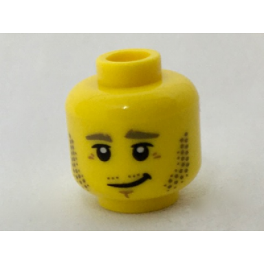 yellow minifigure head dark tan eyebrows and stubble black eyes crooked grin pattern
