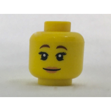 yellow minifigure head female reddish brown eyebrows bright pink lips pattern
