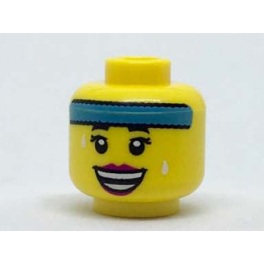yellow minifigure head female dark azure headband black eyebrows eyelashes white sweat drops magenta lips open mouth smile with teeth parted pattern