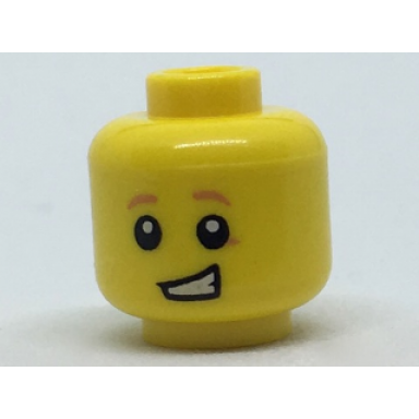 yellow minifigure head child dark orange eyebrows and spot under left eye lopsided open grin pattern