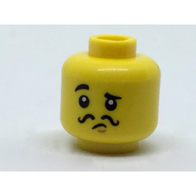 yellow minifigure head black eyebrows right raised eyebrow black thin curly moustache pattern