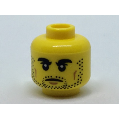 yellow minifigure head black thick eyebrows and stubble dark tan cheek lines pattern