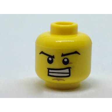yellow minifigure head black wide eyebrows wide grin showing teeth dark tan dimple and chin pattern