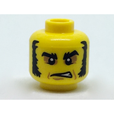 yellow minifigure head black eyebrows and muttonchops dark tan around eyes gruff expression pattern
