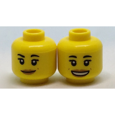 yellow minifigure head dual sided female with black eyebrows medium nougat lips and dimples neutral open mouth smile pattern