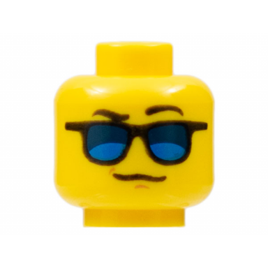 yellow minifigure head glasses with blue sunglasses black eyebrows left eyebrow raised pattern