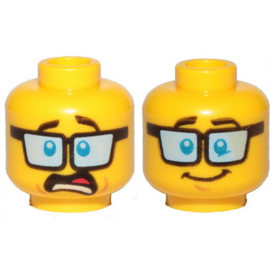 yellow minifigure head dual sided blue tinted glasses dark brown eyebrows shocked smile pattern