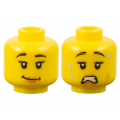 yellow minifigure head dual sided female black eyebrows eyelashes medium nougat lips lopsided grin scared open mouth with teeth sweat and scuff mark pattern