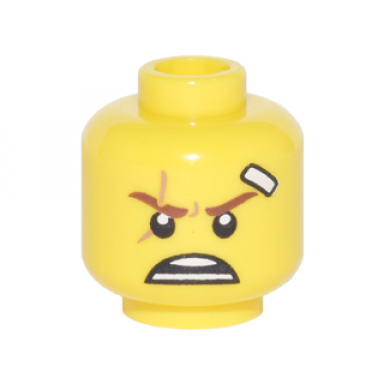 yellow minifigure head reddish brown eyebrows medium nougat scar white bandage and open mouth scowl pattern kai