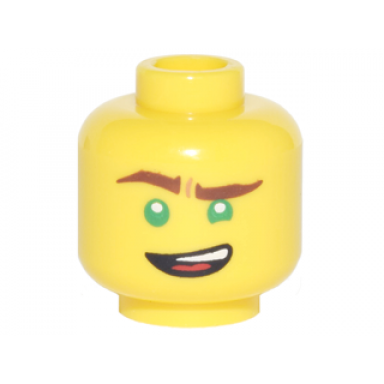 yellow minifigure head reddish brown eyebrows green eyes lopsided open mouth grin pattern lloyd