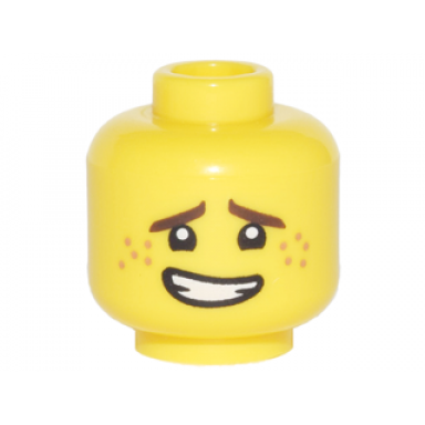 yellow minifigure head dark brown eyebrows dark orange freckles open mouth crooked smile pattern jay