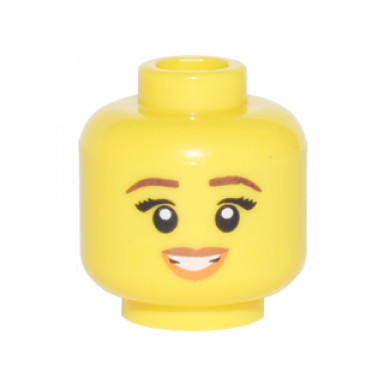 yellow minifigure head female reddish brown eyebrows black eyelashes medium nougat and orange lips open mouth smile pattern