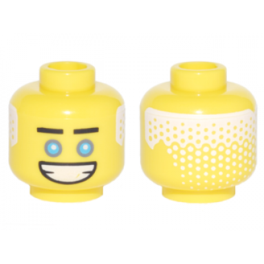yellow minifigure head black straight eyebrows dark azure eyes wide open mouth grin white hair on back pattern zane