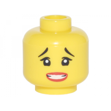 yellow minifigure head female black thin raised eyebrows red lips and open mouth clenched teeth pattern