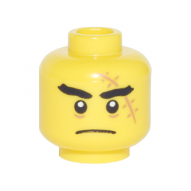 yellow minifigure head black thick eyebrows large medium nougat scar with stitches closed mouth frown pattern