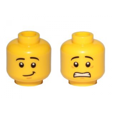 yellow minifigure head dual sided black eyebrows white pupils scared lopsided smile pattern
