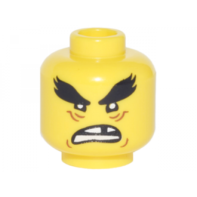 yellow minifigure head black bushy eyebrows reddish brown wrinkes open mouth scowl with missing tooth pattern