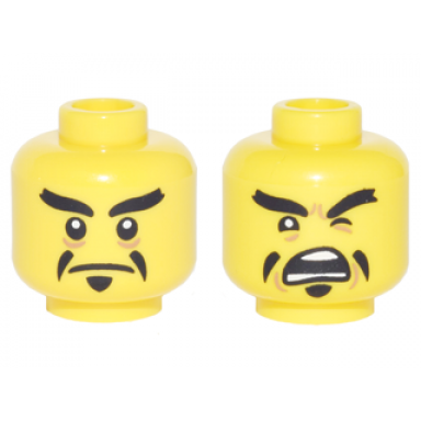 yellow minifigure head dual sided black eyebrows and pointed goatee stern open mouth angry pattern
