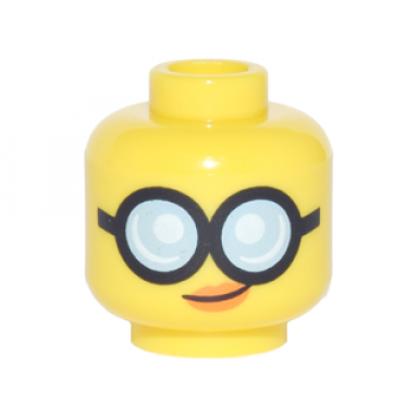 yellow minifigure head female glasses round with bright light blue lenses and black frames orange lips with slight crooked smile pattern