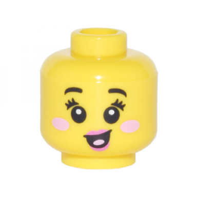 yellow minifigure head female black small eyebrows eyelashes bright pink round cheek spots dark pink lips and open mouth smile pattern
