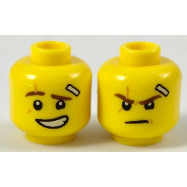 yellow minifigure head dual sided reddish brown eyebrows medium nougat scar bandage lopsided grin with teeth determined pattern kai
