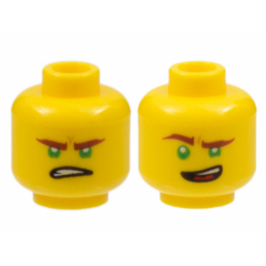 yellow minifigure head dual sided reddish brown eyebrows green eyes lopsided open mouth grin gritted teeth pattern lloyd