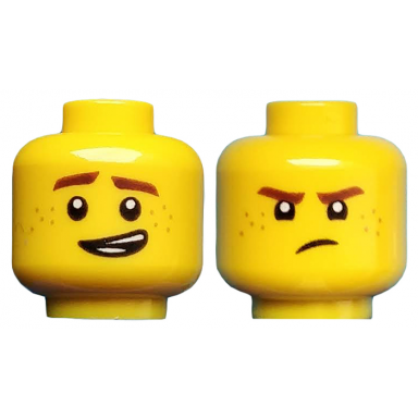 yellow minifigure head dual sided reddish brown eyebrows and freckles lopsided grin frown pattern jay
