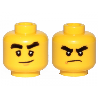 yellow minifigure head dual sided black bushy eyebrows smile angry pattern cole