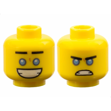 yellow minifigure head dual sided black straight eyebrows medium blue eyes large open mouth smile with teeth angry scowl pattern
