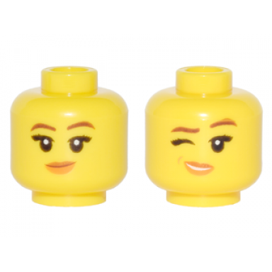 yellow minifigure head dual sided female reddish brown eyebrows medium nougat and orange lips crooked smile winking pattern