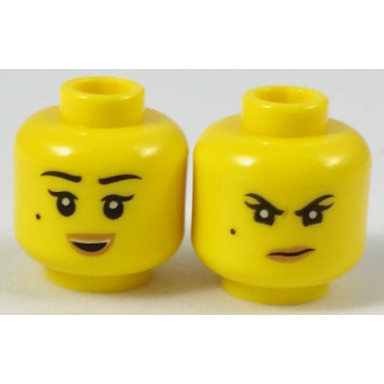 yellow minifigure head dual sided female black eyebrows single eyelashes and beauty mark nougat lips open mouth smile with top teeth scowl with wrinkle between eyes pattern