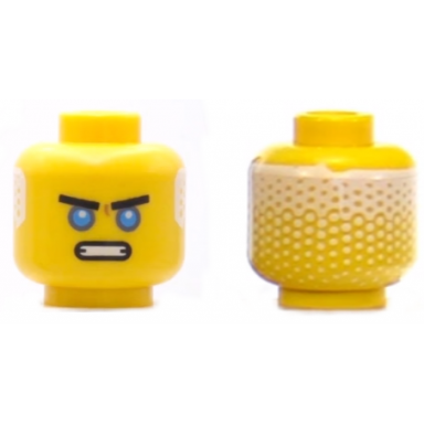 yellow minifigure head black thick eyebrows dark azure eyes open mouth scowl white hair on back pattern zane
