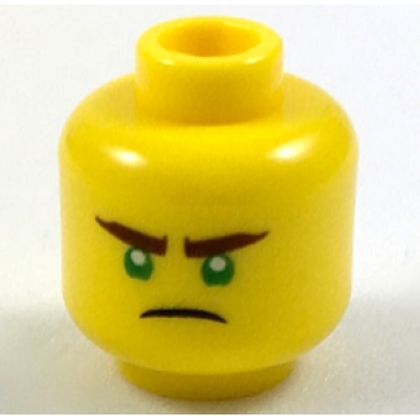 yellow minifigure head reddish brown thick eyebrows green eyes scowl pattern
