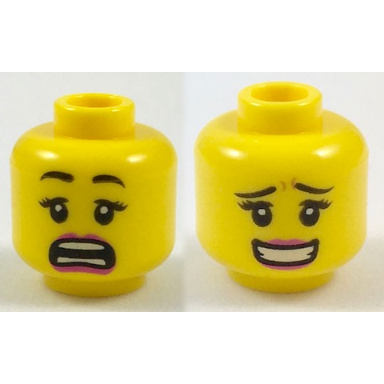 yellow minifigure head dual sided female black eyebrows and eyelashes dark pink lips scared open mouth smile with teeth pattern