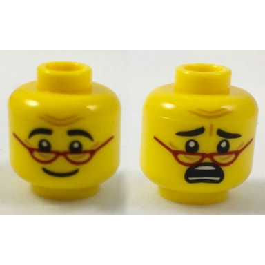 yellow minifigure head dual sided red glasses black eyebrows smile scared pattern