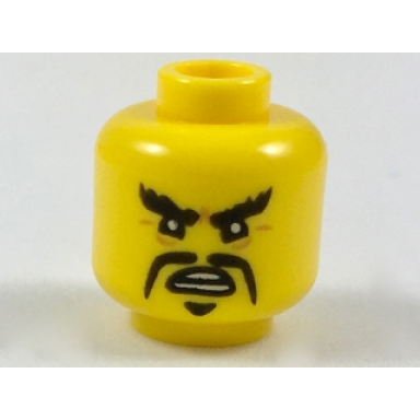 yellow minifigure head black angry eyebrows and moustache fu manchu pattern