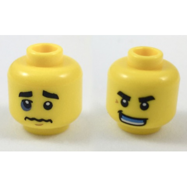yellow minifigure head dual sided black eyebrows wrinkled mouth blue black eye confident grin medium blue mouth guard pattern